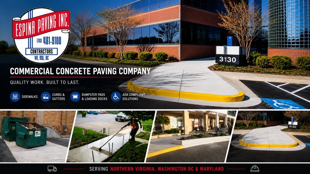 Commercial concrete paving company in Northern Virginia providing sidewalks, curbs, gutters, dumpster pads, loading docks, and ADA-compliant concrete installations for commercial properties.